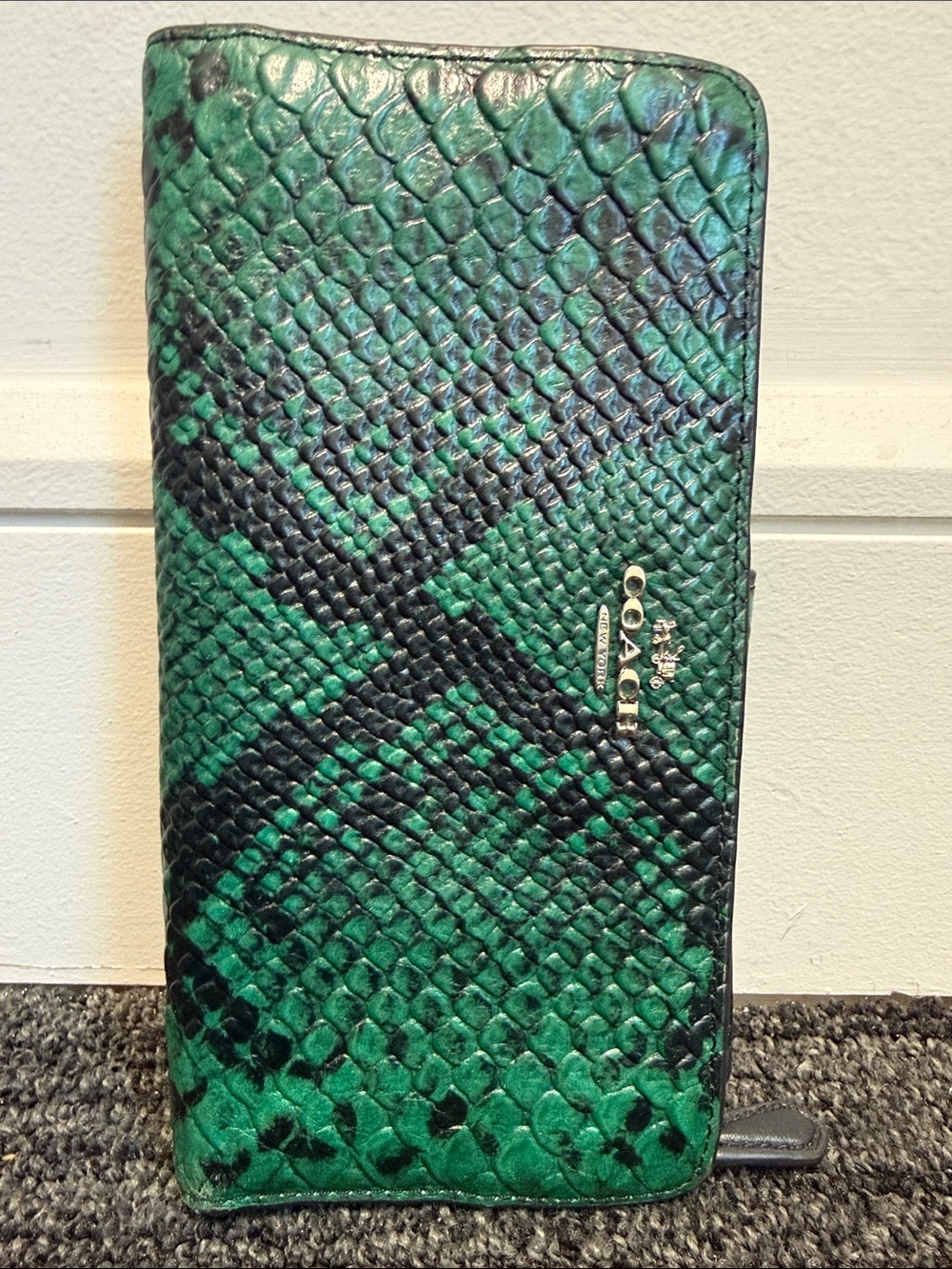 Coach Green and Black Snake-Print Zip Wallet